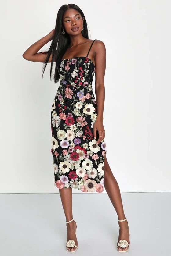 Thriving Energy Black 3D Floral Embroidered Lace-Up Midi Dress