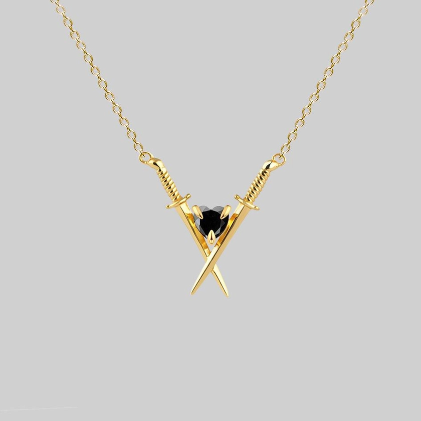 ABJURE. Crossed Swords & Onyx Heart Necklace - Gold