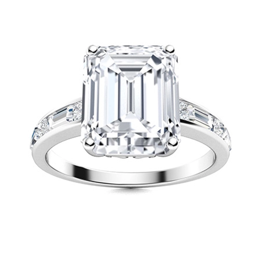 Dream Ring with Emerald cut Custom Diamond, SI Diamond, VS Diamond | 0.42 carats Rectangle Custom Diamond Sidestone Ring in 14k White Gold | Diamondere