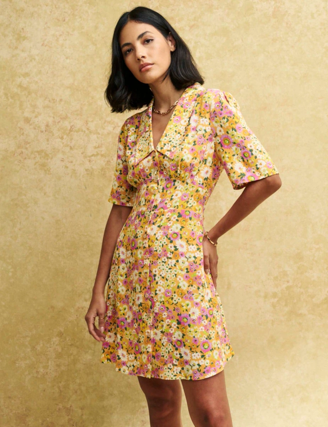 Yellow Floral Collared Mini Dress