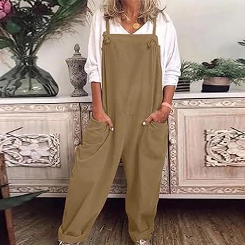Ceboyel Womens Cotton Linen Jumpsuits Rompers Spaghetti Straps Casual Harem Long Bib Pants Summer Baggy Overalls With Pockets