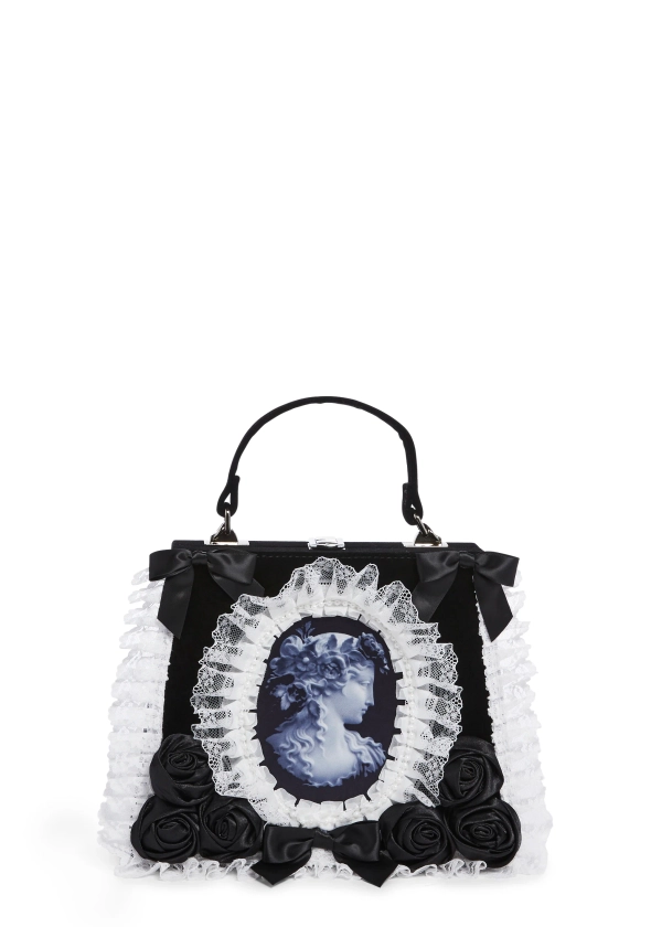 Widow Goth Velvet Lace Ruffle Bow Pearl Rose Cameo Print Handbag - Black