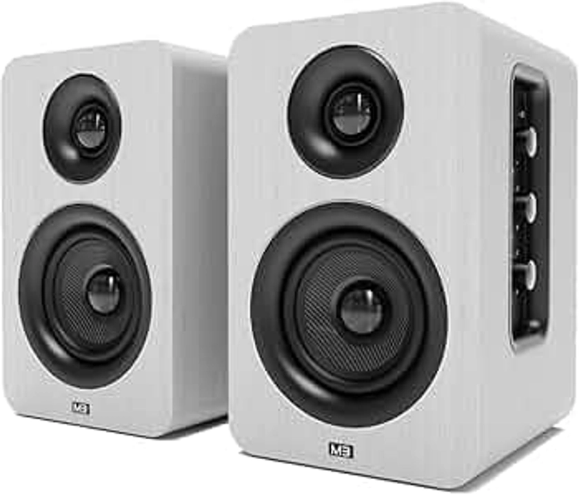 AZATOM Equinox M3 Powered Bookshelf Speakers, 2.0 Active, Bluetooth, Wired, Wooden Enclosure, Perfect for Music, Vinyl records, HiFi Home Theatre, Gaming, Laptops, PC, 60 Watts (White)