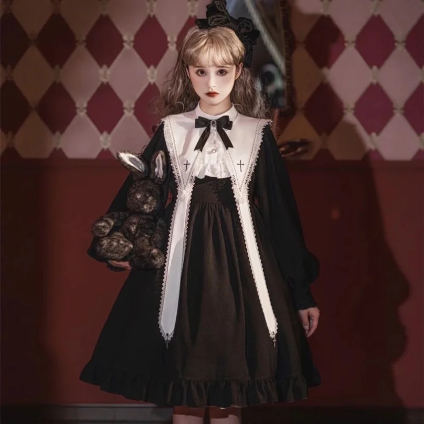 Hymn Cross Dark Daily gótico Retro Op vestido de Lolita de manga larga, vestidos negros, faldas Lolita, disfraz de fiesta de Halloween para mujer - AliExpress