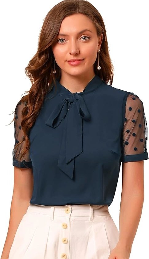 Allegra K Women's Bow Tie Neck V Neck Stand Collar Short Mesh Sleeve Blouse at Amazon Women’s Clothing store