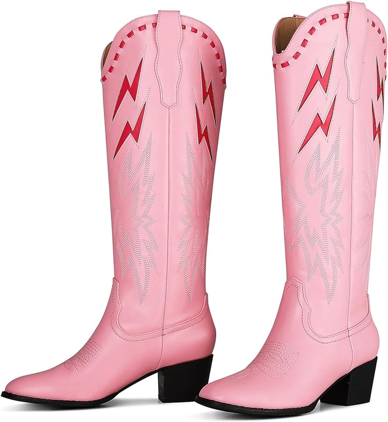 Pink Cowboy Boots for Women Almond Round Toe Chunky Mid Heel Knee High Boots Pull On Embroidered Wedding Party Dress Cowgirl Boots