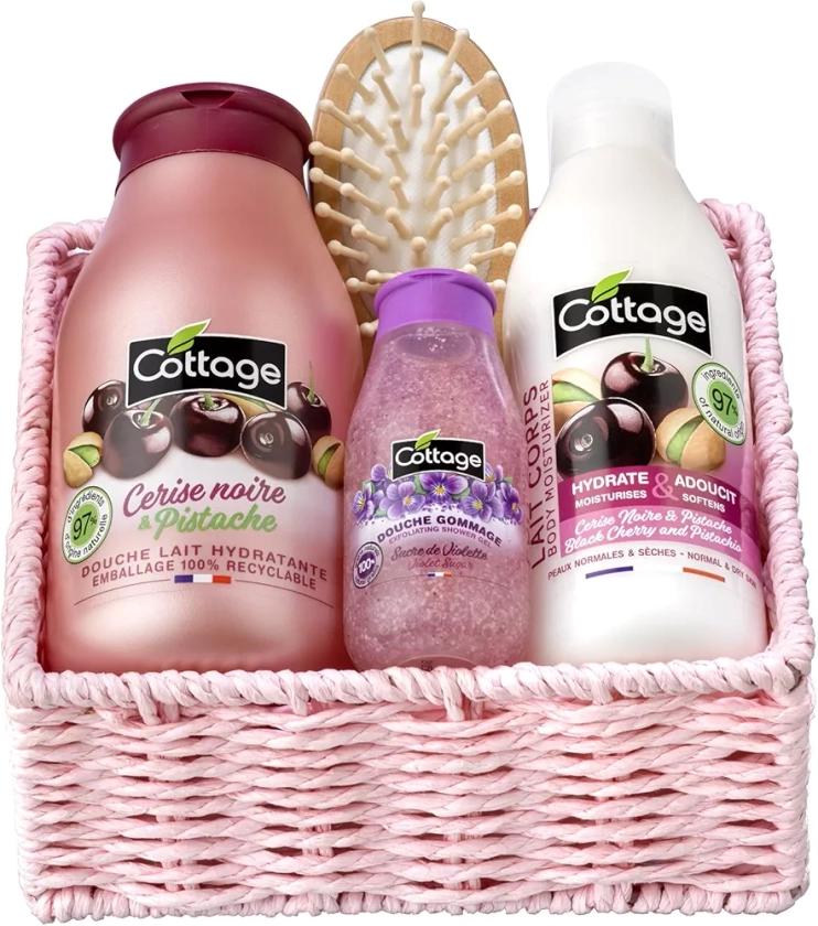 Cottage Coffret Cadeau Cerise noire et Pistache - 1 Gel douche + 1 Douche Gommage + 1 Lait Corps Hydratant + 1 éponge exfoliante - Fabriqué en France