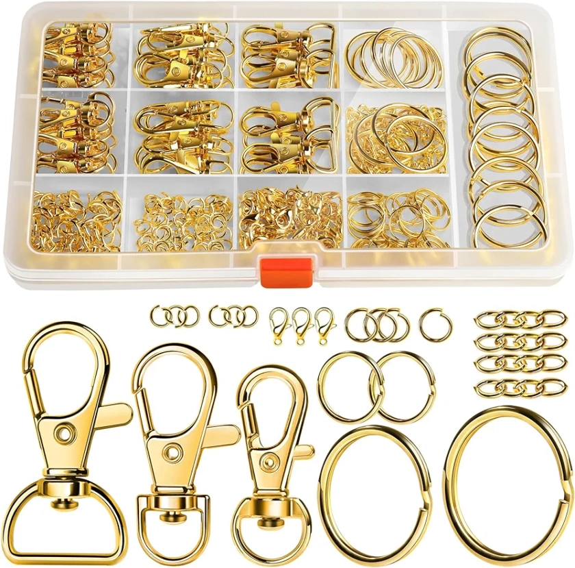 LEOBRO 265PCS Keychain Clip with Key Chain Rings, Key Chain Making Kit, Lobster Claw Clasps Key Chain Hook Keychain Kit Keychain Rings Bulk, Key Ring Clips Gold Keyrings for Crafts, Gold Keychains