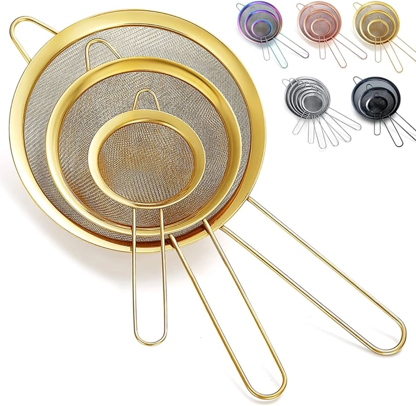 Kyraton Gold Fine Mesh Strainer 3 Pieces Set, Golden Flour Sifter for Baking, Stainless Steel Clander, Matcha Tea Strainer, Gravy Separator, Stasher Sieve Pasta Strainers