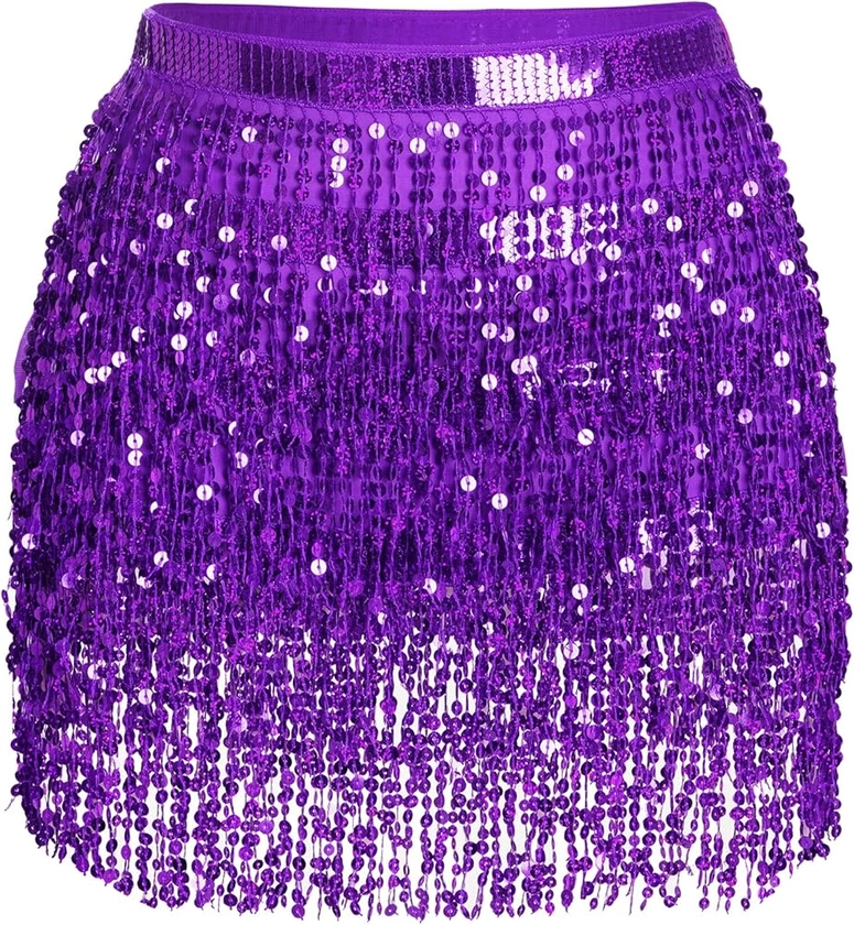 Amazon.com: Belly Dance Hip Scarf Sequin Tassel Skirt Performance Outfits Sparkly Fringe Skirt Wrap Halloween Costume Party Festival Rave Skirt for Women and Girls, Purple : Clothing, Shoes & Jewelry