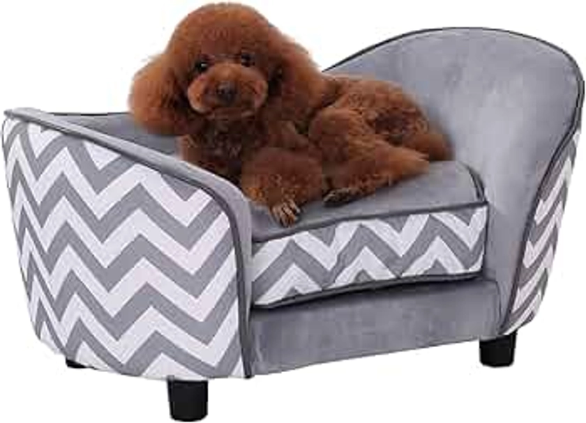 Pawhut D04-072GY Plush Fur Dog Sofa Couch Wooden Frame Deluxe Pet Sofa Lounger Cat Bed w/Cushions (Grey)