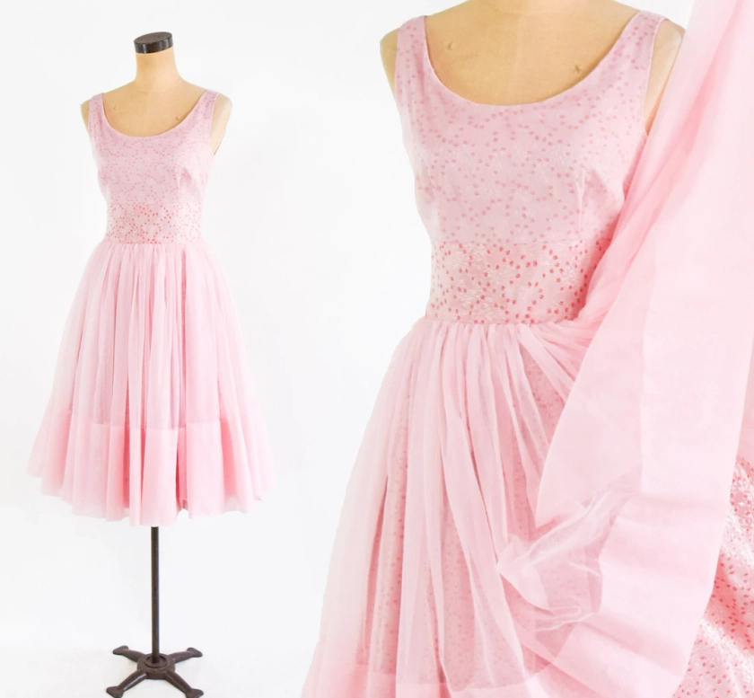 1950s Pink Chiffon Party Dress 50s Pink Floral Print Dress New Look Dress Small - Etsy.de