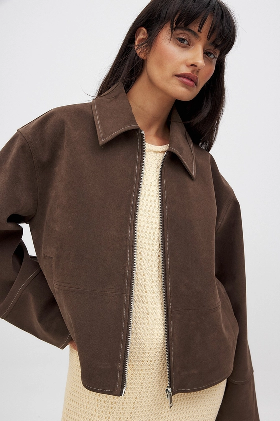 Faux Suede Zip Jacket Brown