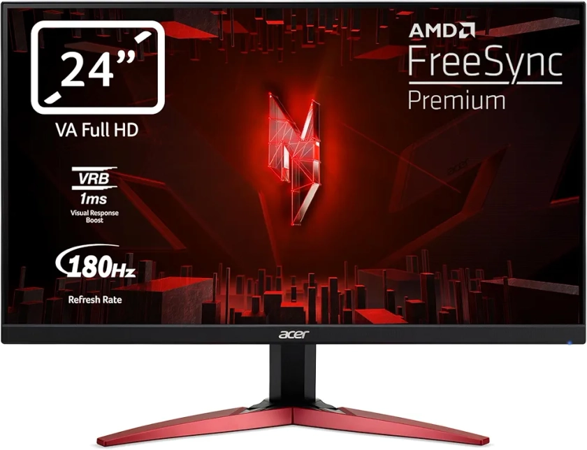 Acer Nitro KG241YS3biipf - Écran PC Gaming 24" Full HD, 180Hz (1920x1080, 16:9, FreeSync, 1ms VRB, 250 Nits, Comfyview, BluelightShield, 2xHDMI 2.0/1xDP 1.2) Moniteur PC Inclinable, Couleur Noir