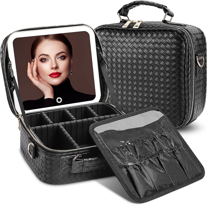 DESCHEN Travel Makeup Bag with Led Mirror, Makeup Organizer Cosmetic Bag, PU Leather Makeup Case with 3 Light Modes & Dimmable Touch Control, Portable Make Up Box Waterproof (Black)
