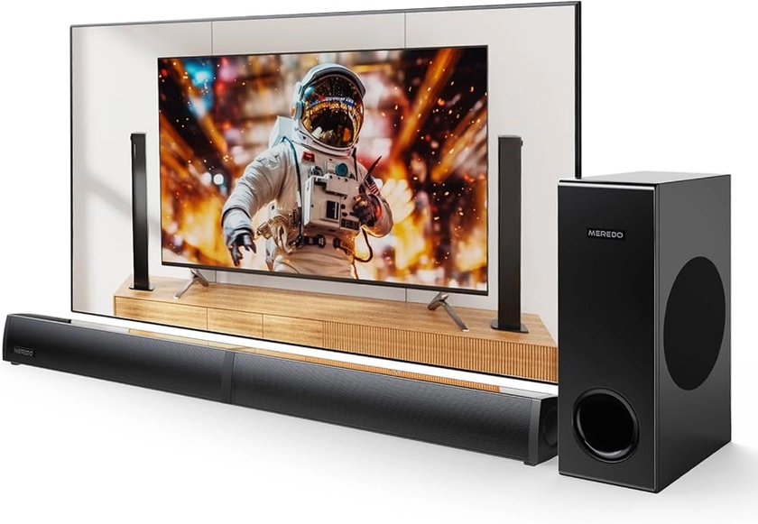 MEREDO Barra de Sonido 2 en 1 de 180W con subwoofer Desmontable Barras de Sonido de 2.1 Canales para TV Juegos de PC HD-ARC/BT 5.4/óptica/AUX/USB Conexión 5 Modos EQ 12L Graves Profundos