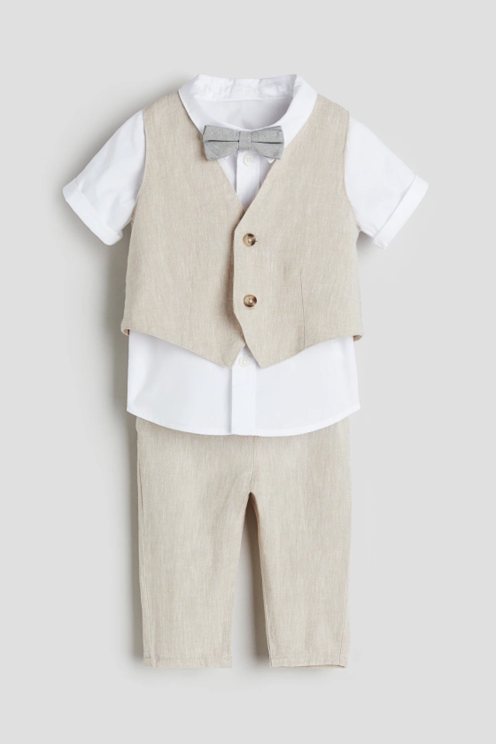 3-piece linen-blend set - Regular waist - V-neck - Light beige/White - Kids | H&M GB