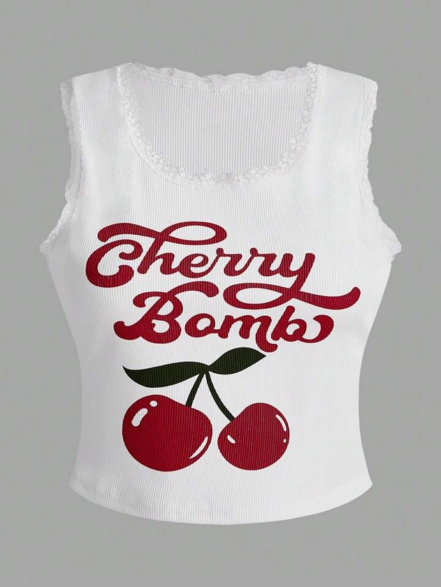 ROMWE Kawaii Plus Size Women's Letter & Cherry Printed Tank Top | SHEIN UK