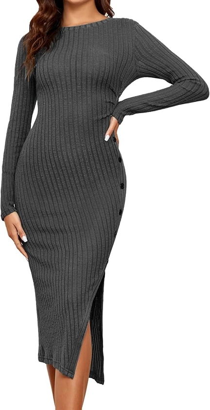 Famulily Women's Long Elegant Dress Solid Long Sleeve Crew Neck Rib Knit Side Split Dresses Casual Party Jumpers Sweaters S-XL