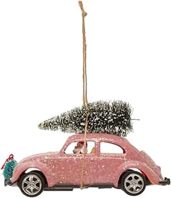 The Bridge Collection Santa in a Pink Car with Tree Ornament- Home for The Holidays - Christmas Tree Ornaments - Santa Ornament - Pink Christmas Ornaments