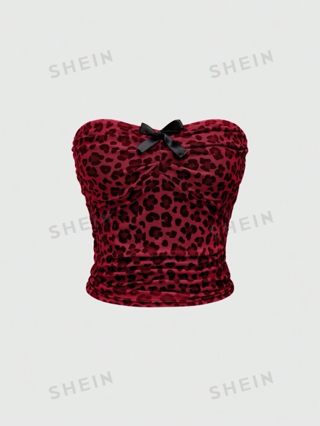 ROMWE Grunge Punk Y2K Style Bowknot Decor Leopard Print Ruched Waist Mesh Bandeau Top For Women