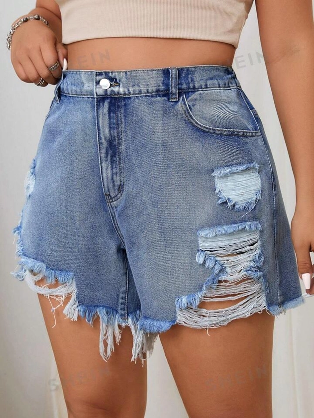 SHEIN EZwear Women Fashionable Plus Size Light Wash Ripped Sexy Denim Shorts