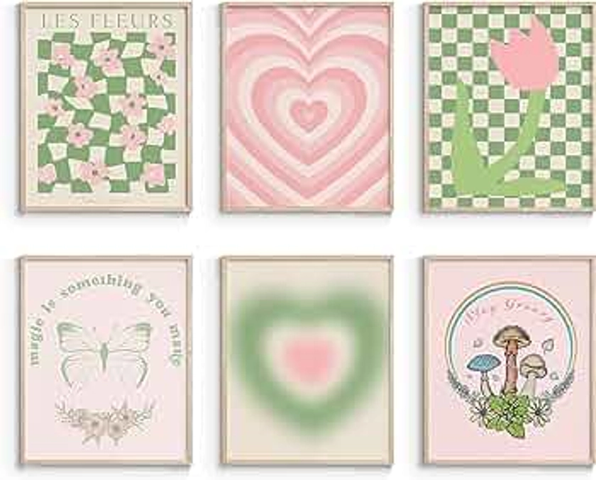 InSimSea Green and Pink Wall Art Set for Living Room, Danish Pastel Aesthetic Room Decor, Abstract Home Unframed Wall Art Prints, 6Pcs Preppy Posters for Bedroom, Bathroom, 8X10in, UNFRAMED