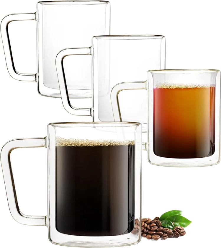 Eparé 16 oz Glass Coffee Mugs - Set of 4 - Clear Double Wall Glasses - Insulated Glassware With Handle - Large Espresso Latte Cappuccino or Tea Cup