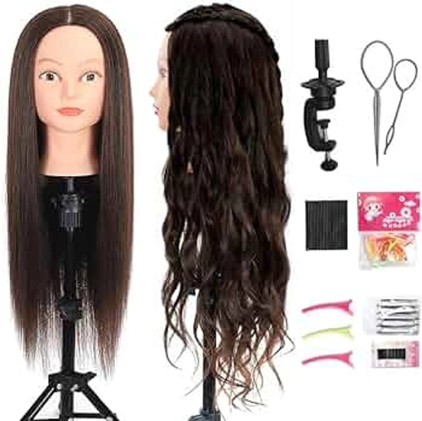 Mannequin Head with 80% Real Human Hair 26-28'' Cosmetology Mannequin Doll Head for Styling Practice on Braiding Head (4#Dark Brown)