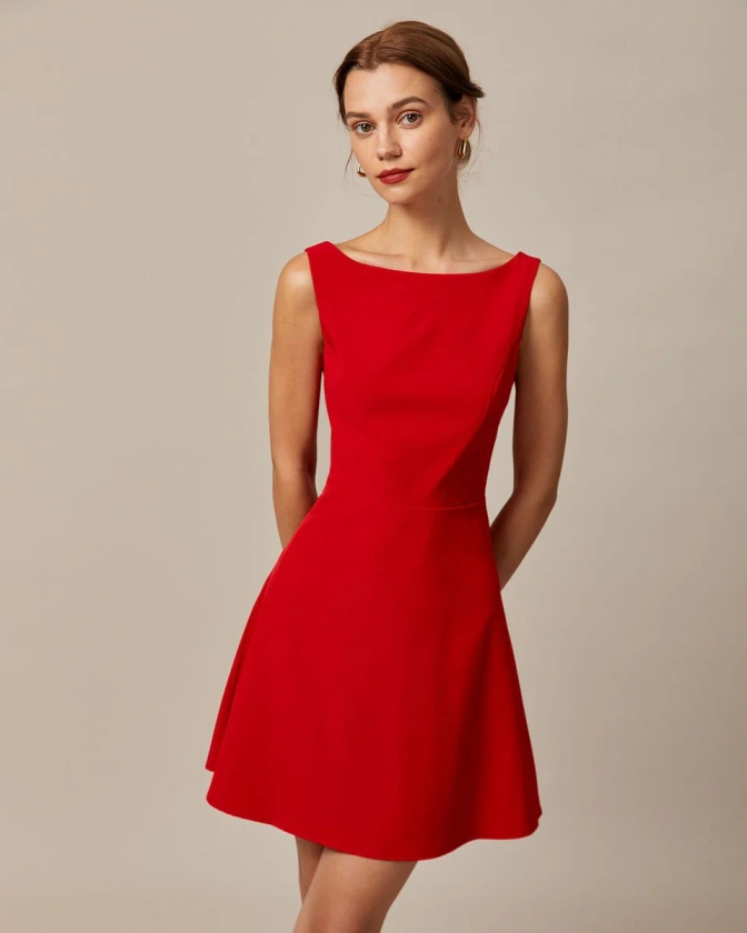 The Red Boat Neck High Waisted Mini Dress - Boat Neck Sleeveless A Line Backless Mini Dress - Red - Dresses | RIHOAS