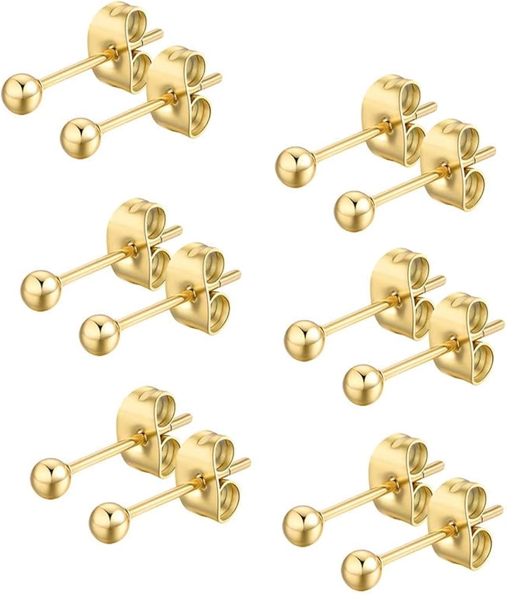 6 Pair Tiny Women 14K Gold Plated Ball Stud Earrings Surgical Stainless Steel Earrings Set, 2-6MM