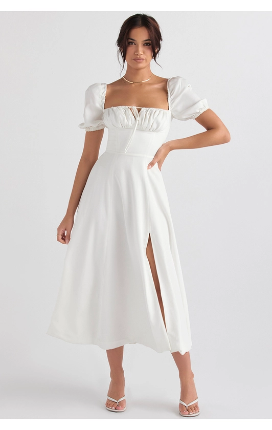 Clothing : Midi Dresses : 'Tallulah' White Puff Sleeve Midi Dress