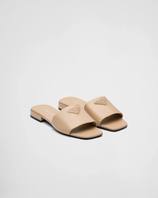 Sand Beige Saffiano Leather Slides | PRADA