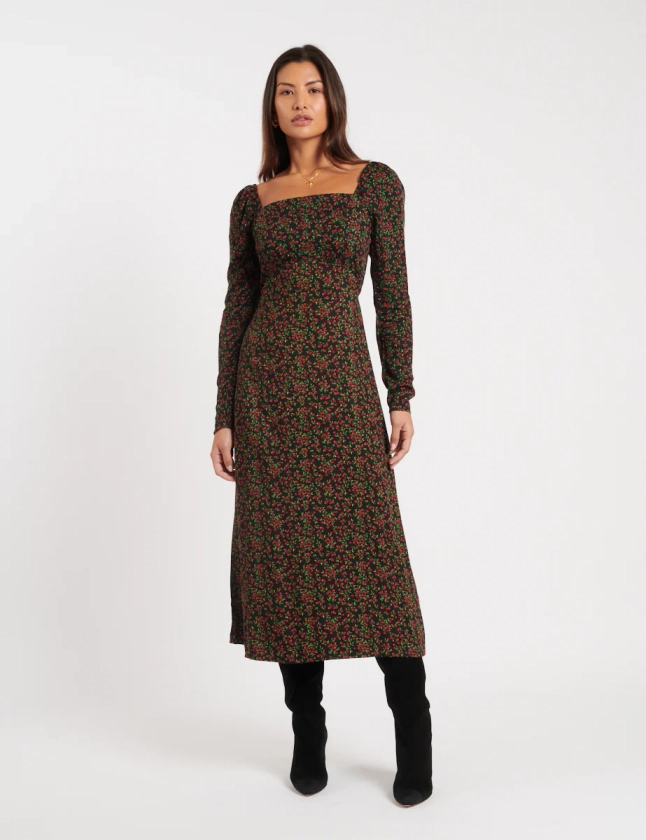 Black Fruit Print Abby Midi Dress