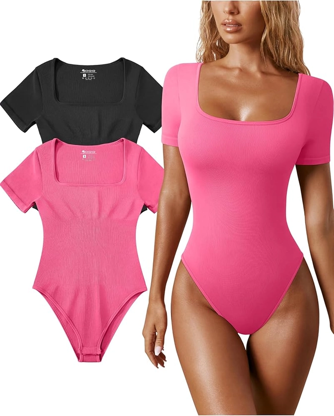 OQQ Women's 2 Piece Bodysuits Sexy Ribbed One Piece Square Neck Short Sleeve Bodysuits