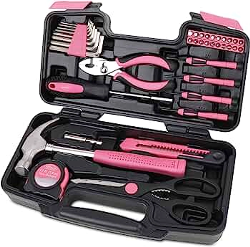 Apollo Tools Original 39 Piece General Household Tool Set in Toolbox Storage Case with Essential Hand Tools for Everyday Home Repairs, DIY and Crafts - Pink Ribbon - Pink - DT9706P