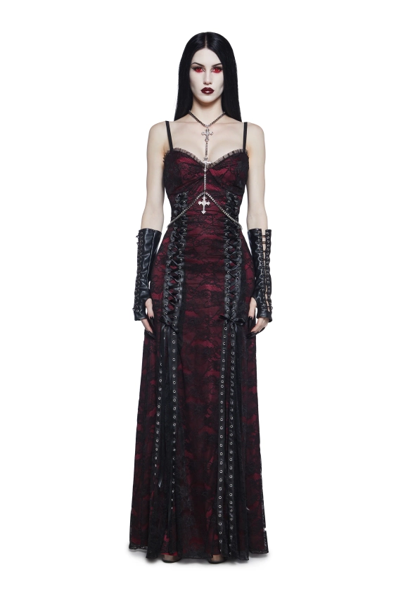 Widow Vampire Goth Stretchy Satin Lace Ribbon Lace-Up Maxi Dress - Multi