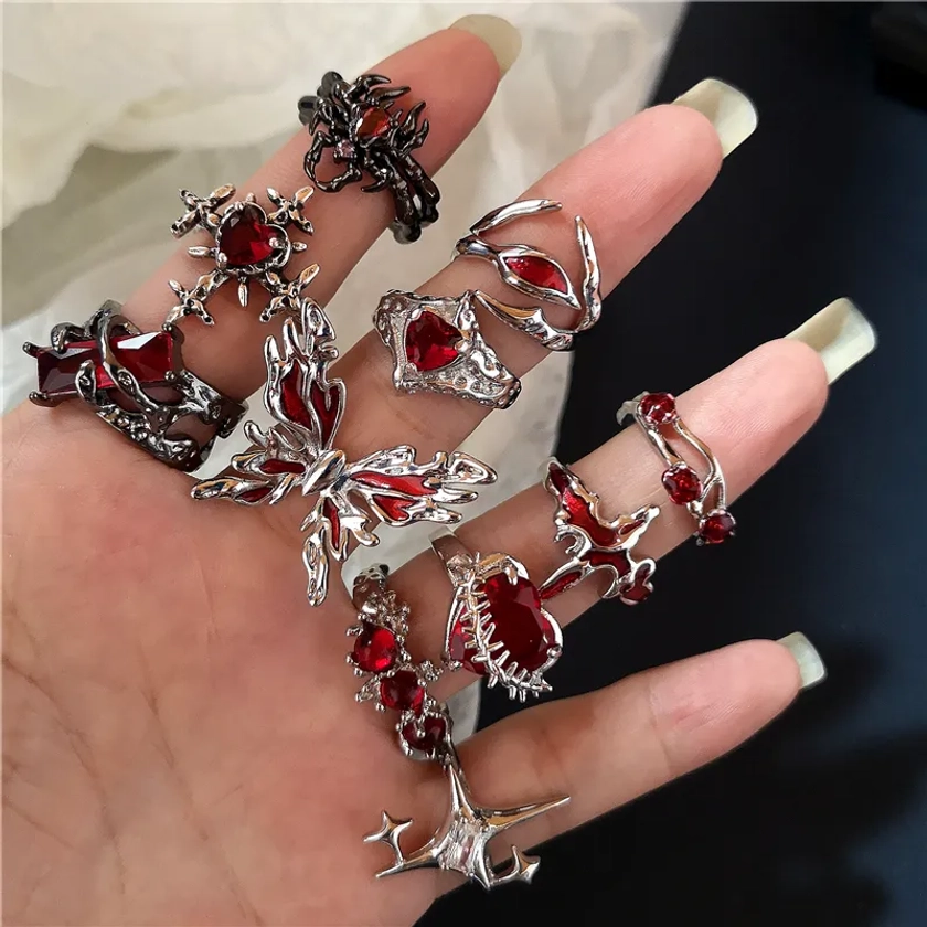 Red Crystal Glass Heart Aesthetic Rings Gothic Animal Spider Ring Y2K 