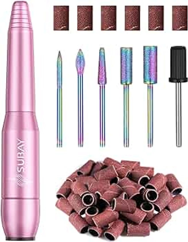 Subay Electric Nail Drill, Portable Electric Nail File for Acrylic Gel Nails, Nail Drill Kit Manicure Pedicure Tool with 6 Nail Drill Bits and 26 Sanding Bands for Home and Salon Use - Pink
