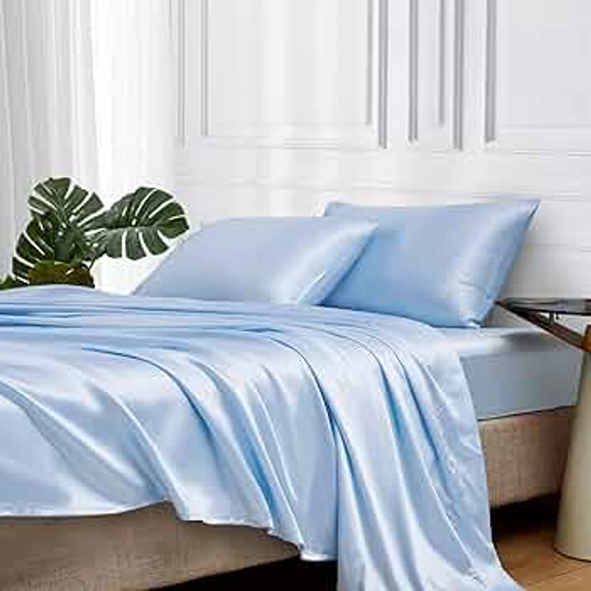 MR&HM Satin Bed Sheets, Queen Size Sheets Set, 4 Pcs Silky Bedding Set with 15 Inches Deep Pocket for Mattress (Queen, Light Blue)