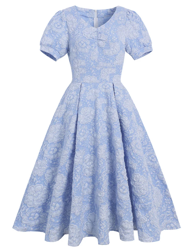 Blue V Neck Floral Print Puff Sleeve 1950S Dress