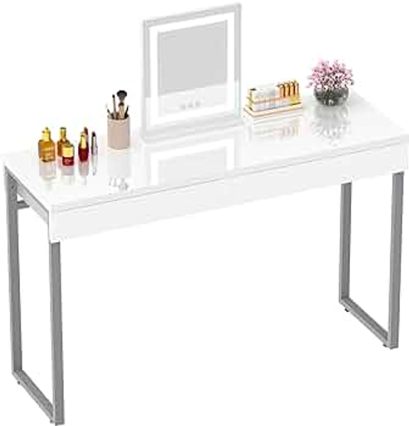 GreenForest Dressing Table with 2 Drawers Glossy White 100 x 40 cm Home Office Computer Desk Makeup Vanity Console Table with Metal Gold Legs for Small Spaces Bedroom Furniture No Miroir,Silver