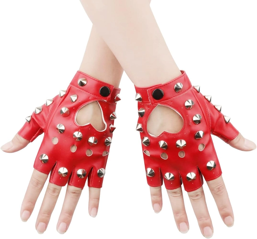 KINBOM 1 Pair Half Finger Leather Gloves, Fingerless Leather Gloves Rivets Biker Punk Gloves for Halloween Women Cosplay