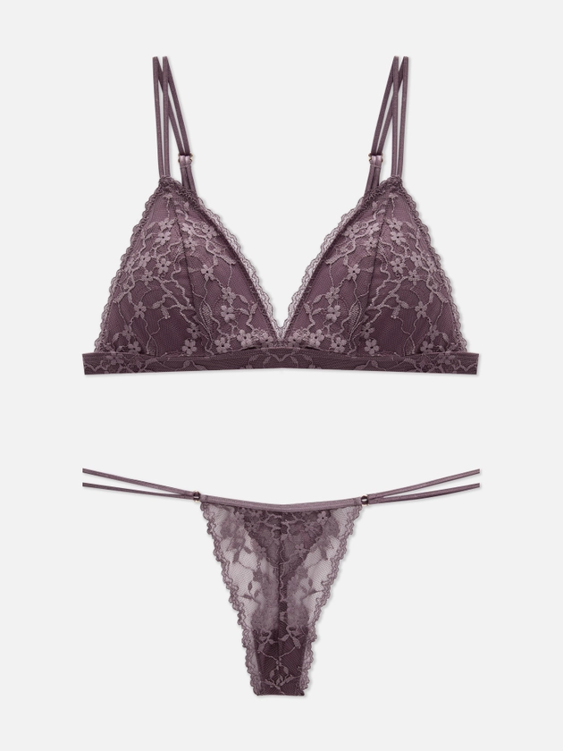 Padded Lace Triangle Bra and Thong Set