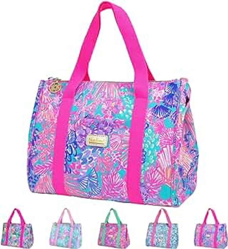 Lilly Pulitzer Cute Lunch Bag for Women, Large Capacity Insulated Tote Bag, Pink/Blue Mini Cooler with Storage Pocket and Shoulder Straps, Splendor in the Sand