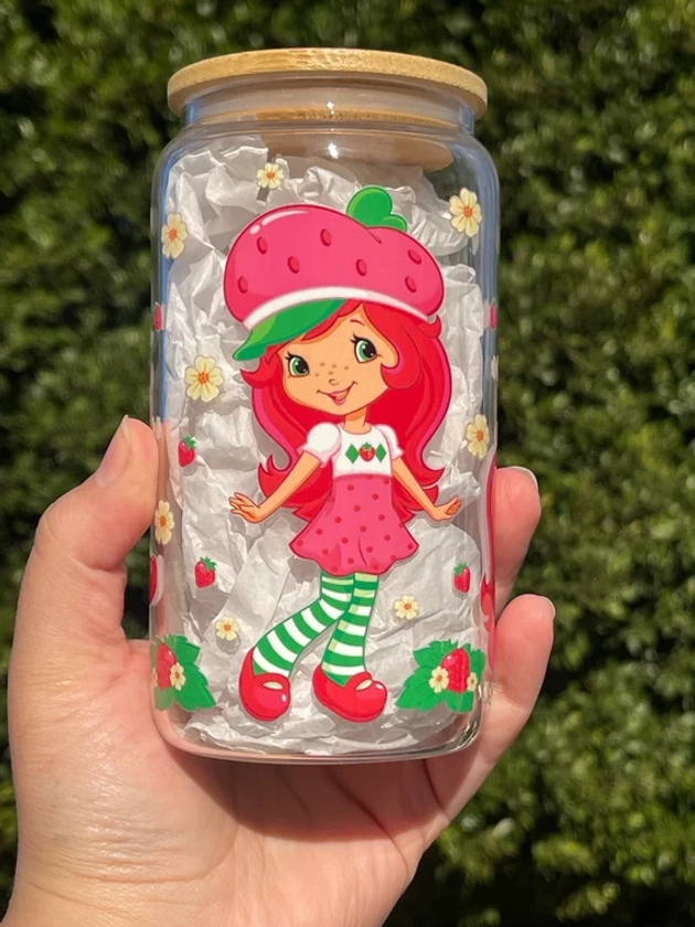 Strawberry Shortcake Libbey Glass, Personalized Iced Coffee cup, Valentine’s Day gift, Galentines, custom gift