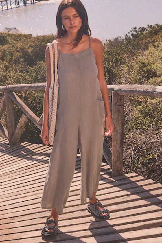 Buy Taupe Premium 100% Linen Romper Wide Leg Jumpsuit from the Next UK online shop