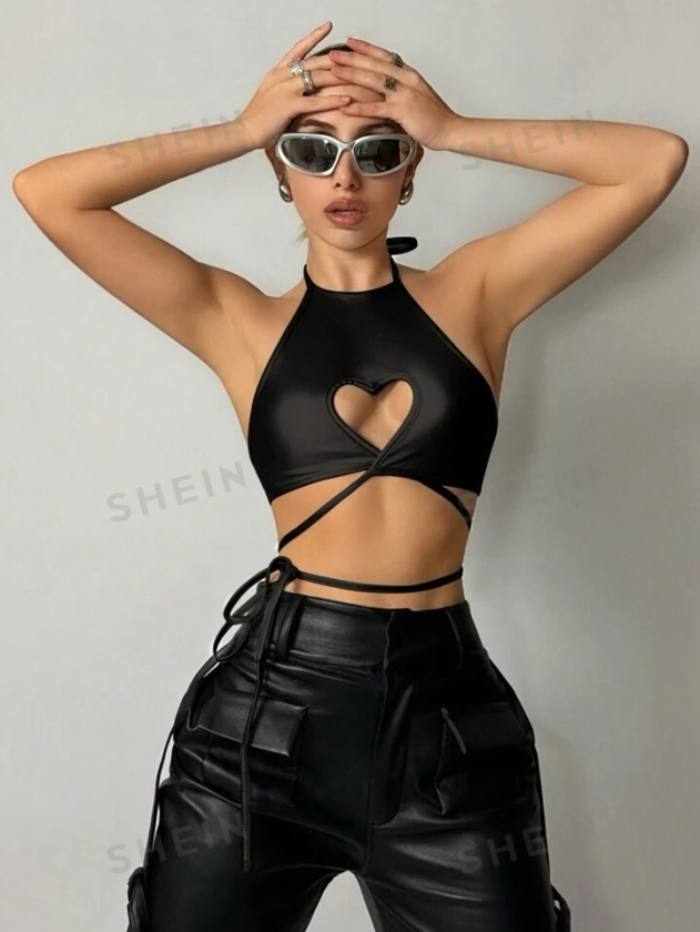 SHEIN ICON Top halter con forma de corazón hueco metálico y atado en cruz