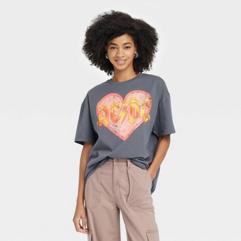 Women's ACDC Heart Oversized Short Sleeve Graphic T-Shirt - Gray XS