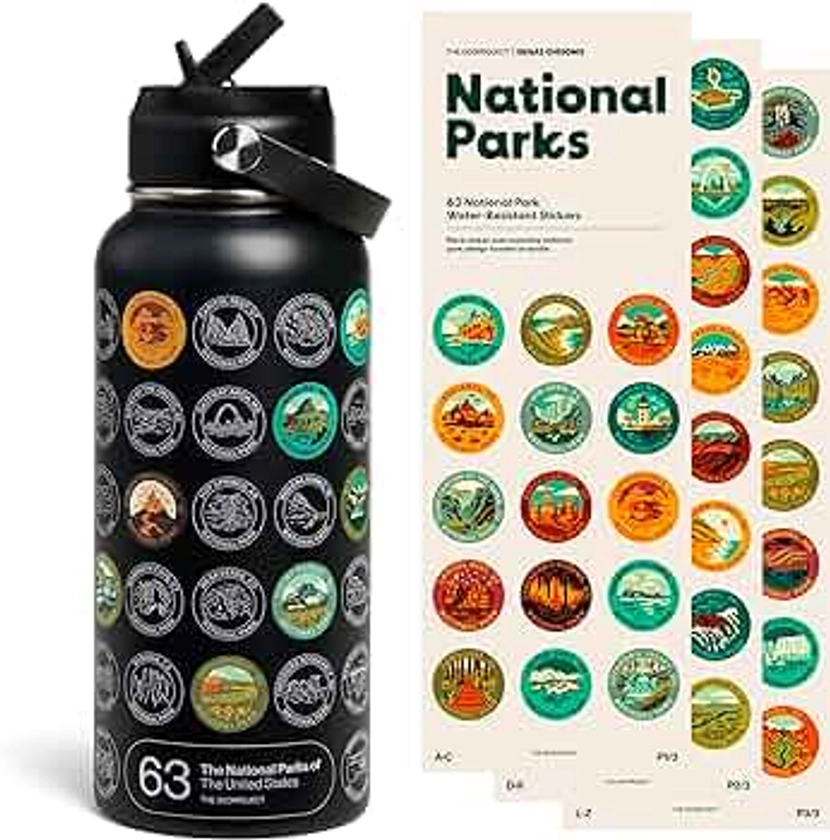 National Parks Water Bottle with Stickers Kit, Erikas Chesonis Collaboration, Adventure Flask with Straw, Waterproof Stickers for Water Bottle, Insulated Stainless Steel 32oz (Black)